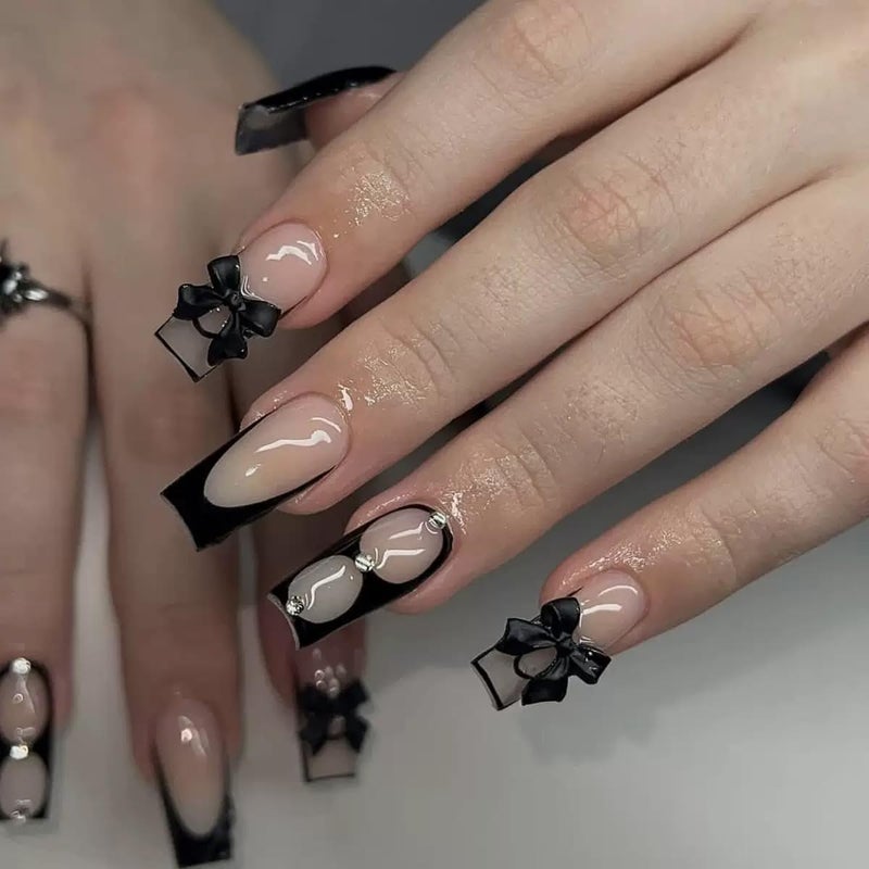 CTTHNBD Press on Nails Square - Black French Tip Fake Nails with Bow Rhinestone Design - Glossy Medium False Nails Press Ons- for Women Manicure 24 Pcs - Image 1